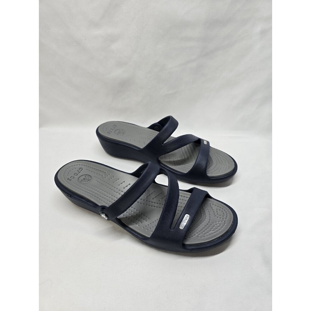 Crocs Patricia Wedge Strappy Slide Slip On Sandals Womens Size 10 Gray/Navy Blue